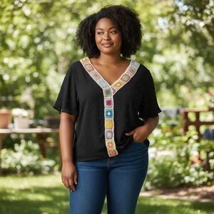 SHEIN Black Top with Multicolor V-Neck